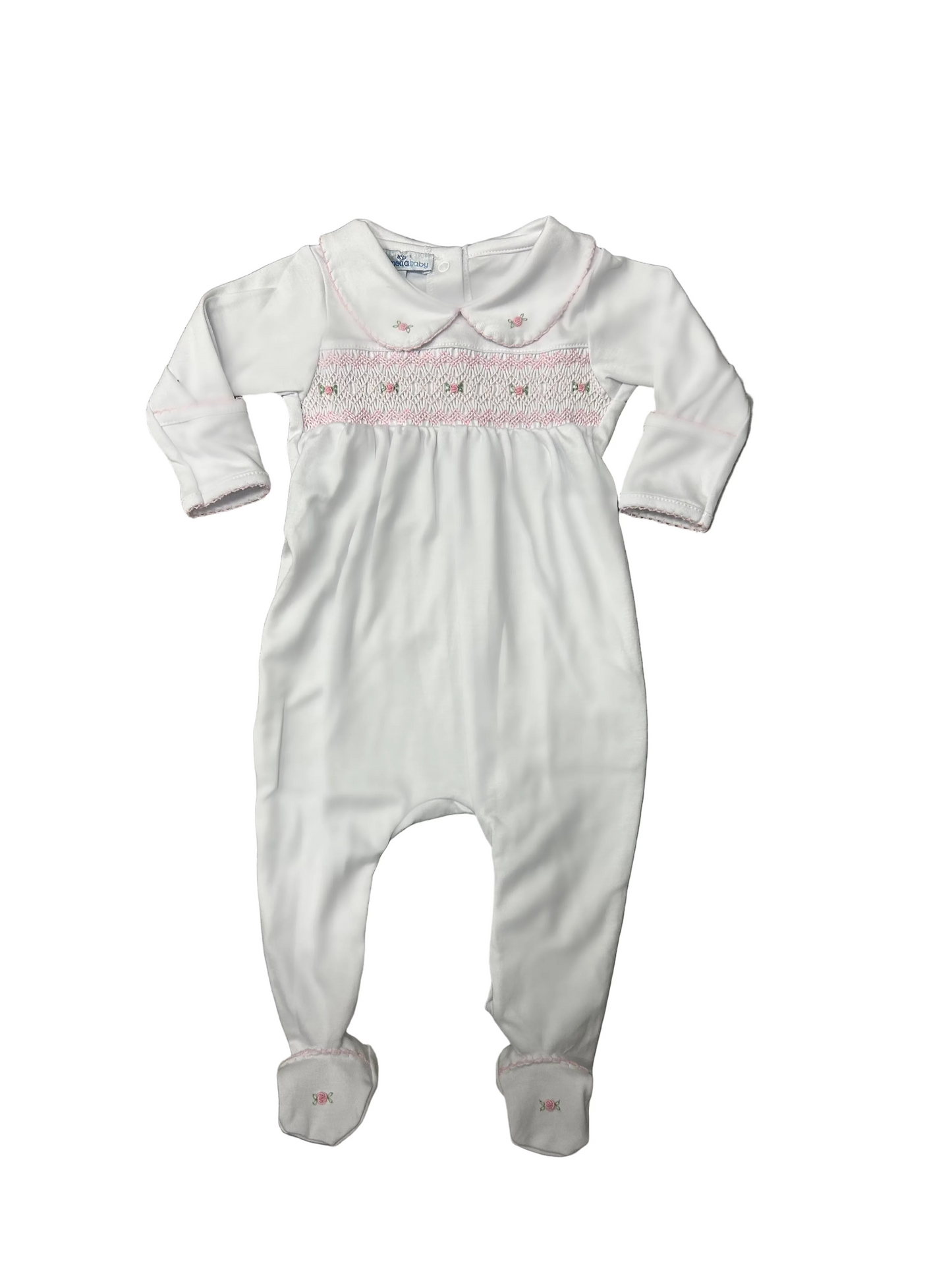 Grace Smocked Footie- White Pink