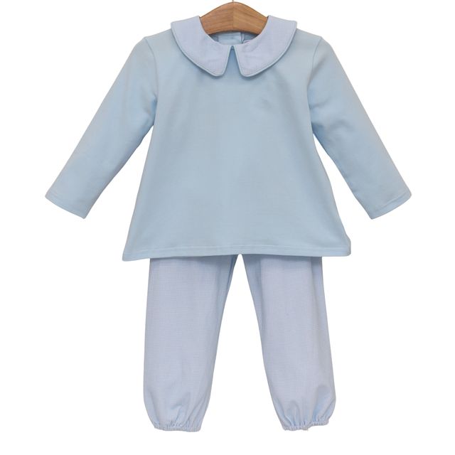 Archie Bloomer Pant Set- Light Blue Micro Gingham