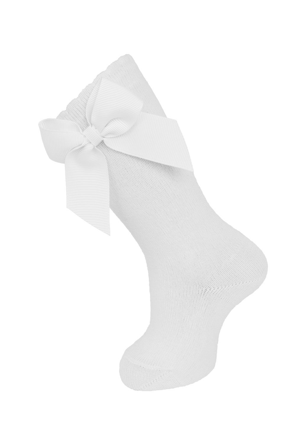 White- Cotton Knee Socks With Grosgrain Side Bow