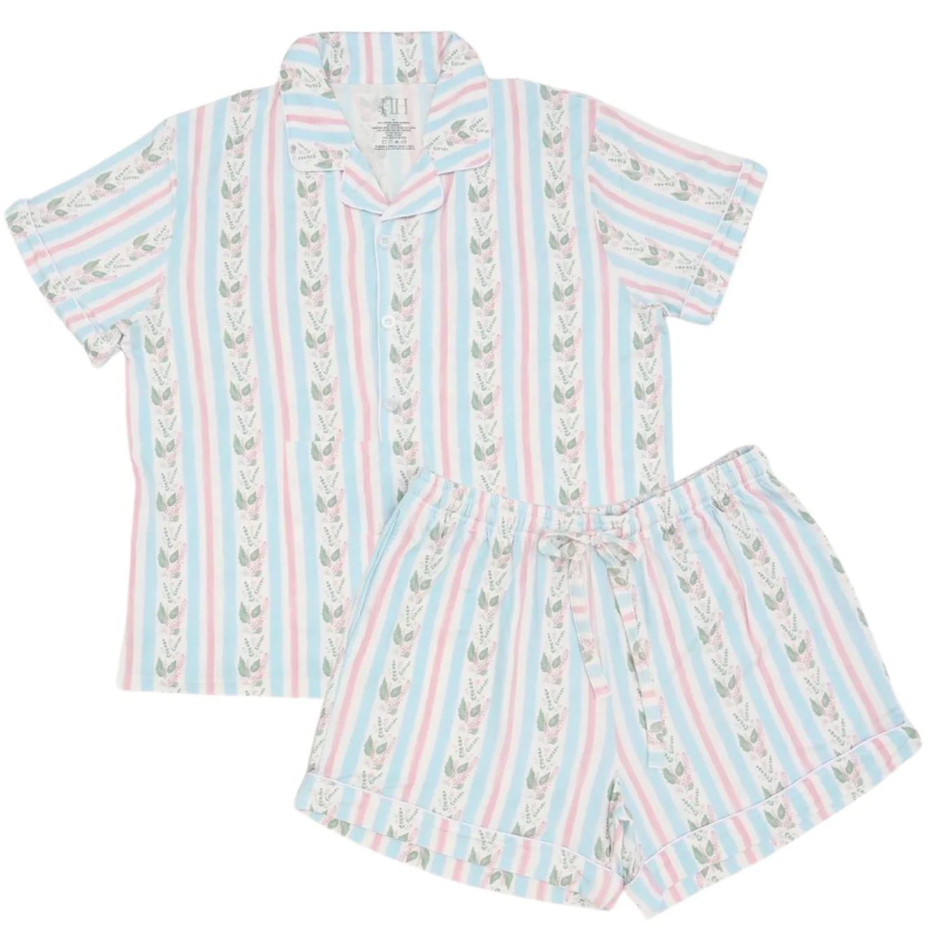 Womens Blue Floral Stripes Button Down Shorts Loungewear Set