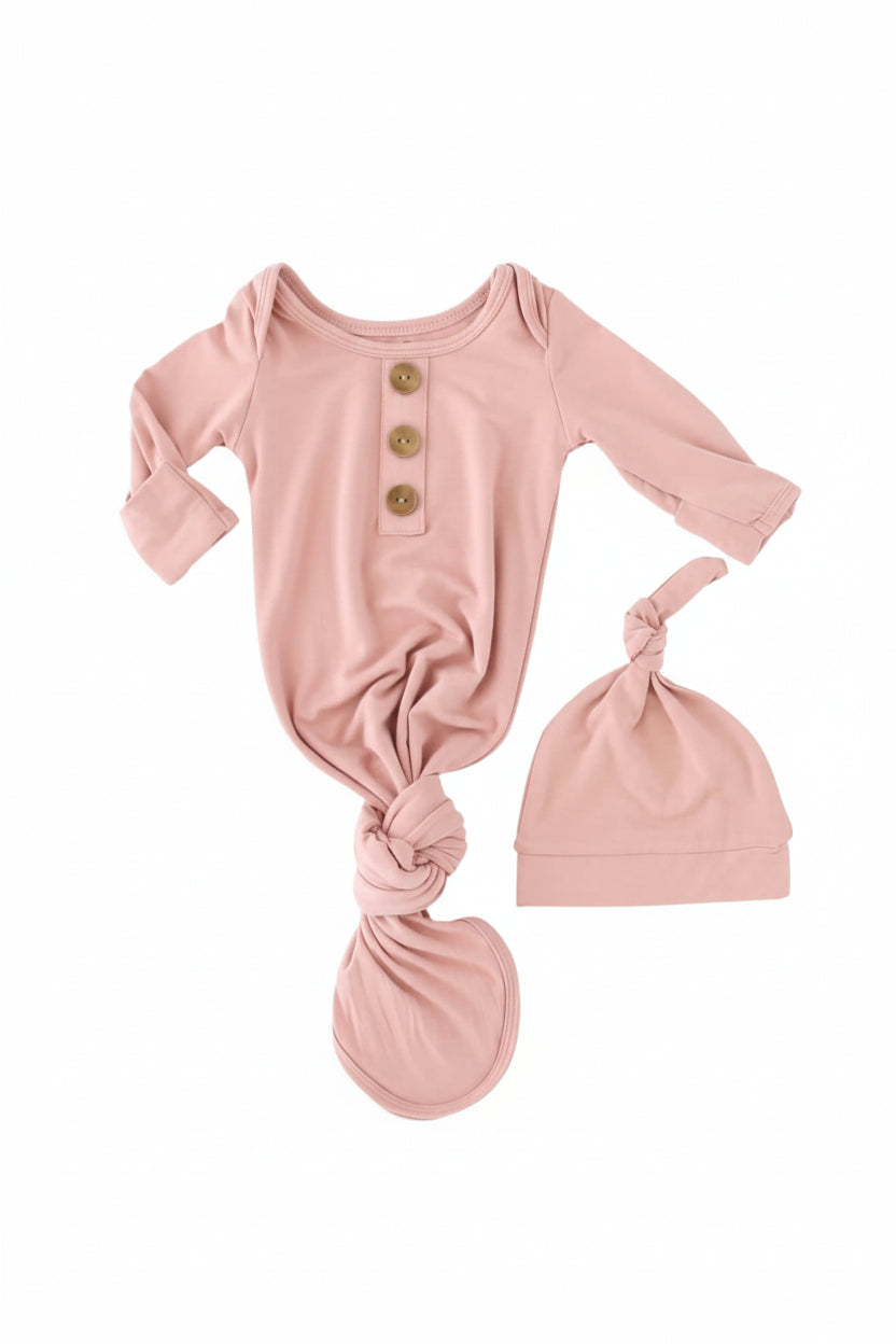 Mauve- Baby Knot Gown & Hat Set NB
