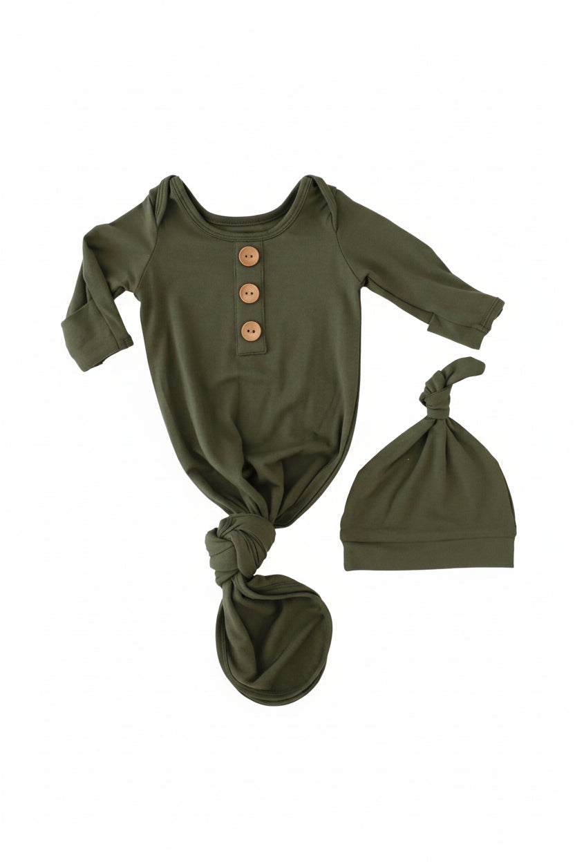 Olive- Baby Knot Gown & Hat Set NB