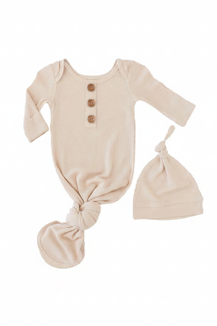 Oatmeal- Knot Gown & Hat Set NB