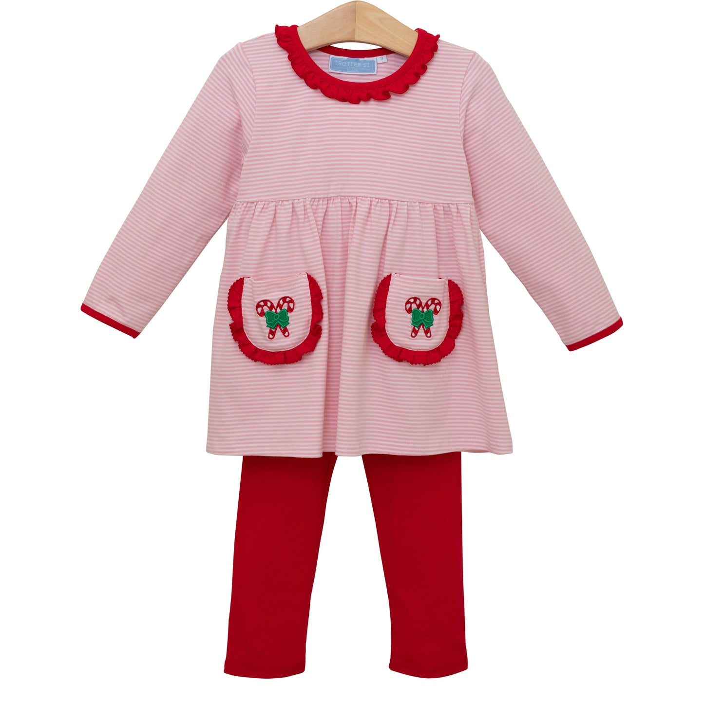 Girls Candy Cane Embroidery Ruffle Pants Set