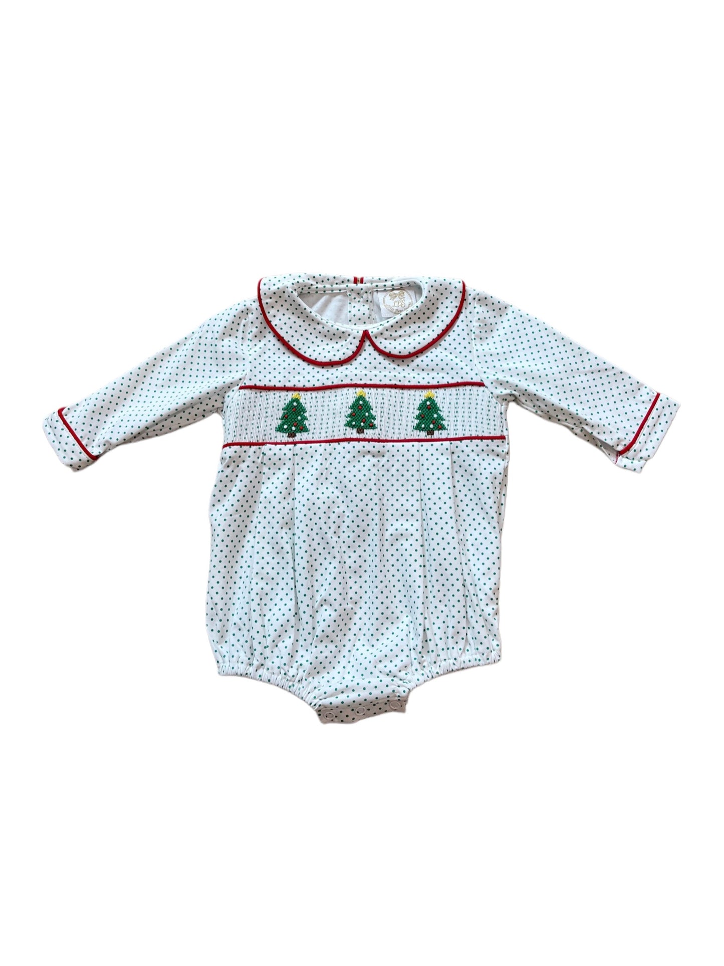 Boys Green Bitty Dot Smocked Christmas Trees Bubble