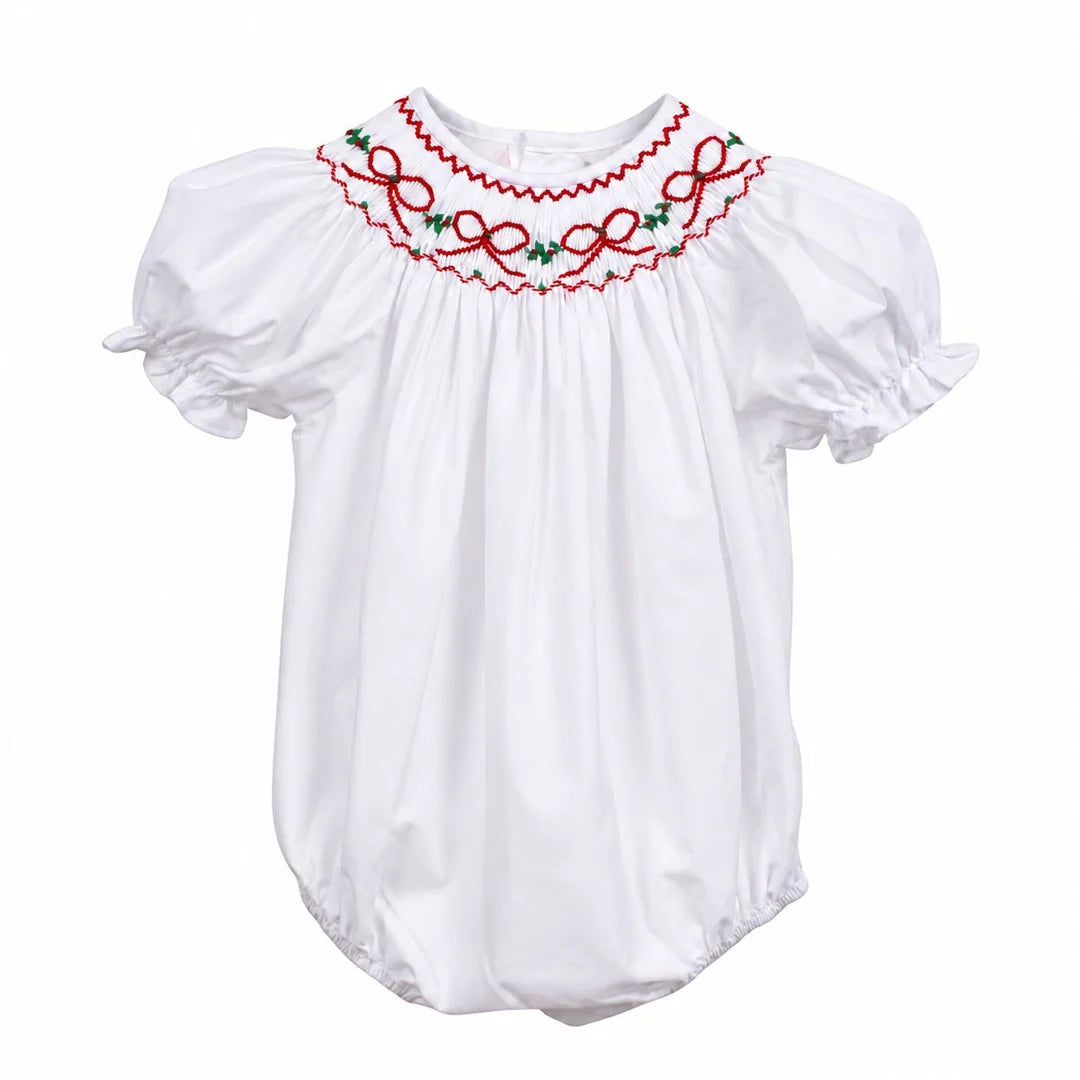 Red Bows & Garland White Smocked Bubble