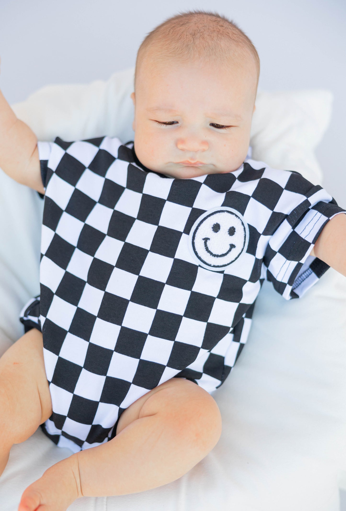 Black Smiley Checkered Bubble Romper