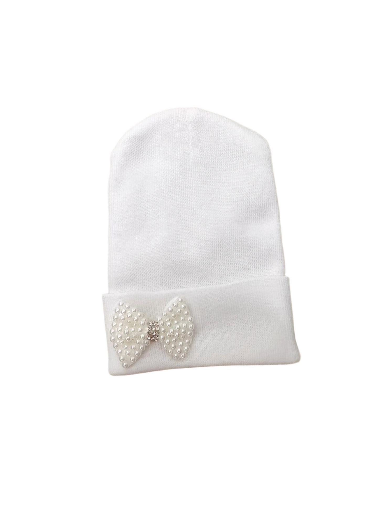 White Mini Pearl Bow Beanie