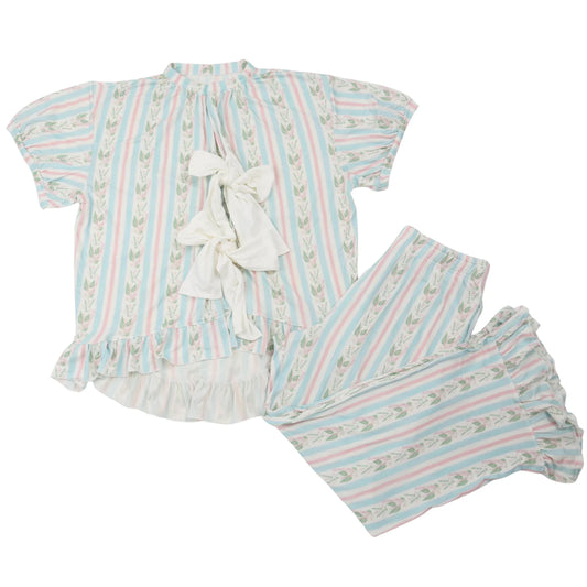Womens Bamboo Blue Floral Stripe Tie Loungewear Set