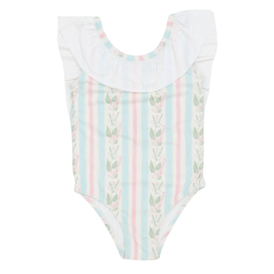 Girls Blue Floral Stripes Flutter Sleeve One Piece