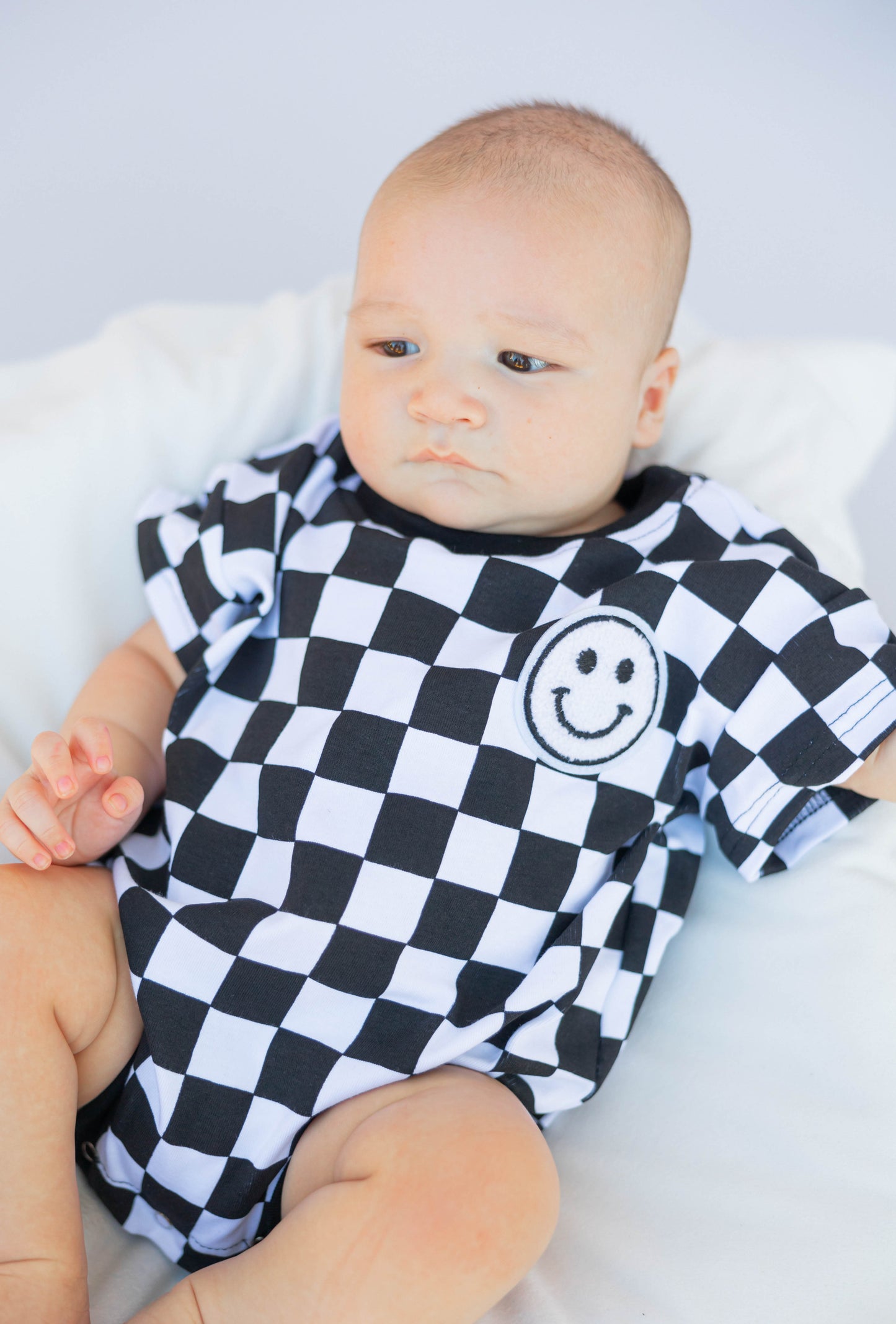 Black Smiley Checkered Bubble Romper