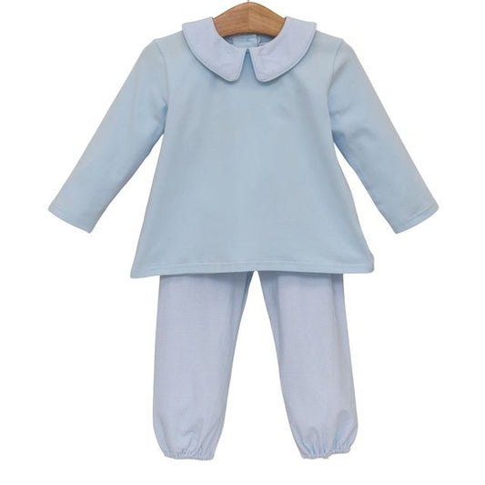 Archie Bloomer Pant Set- Light Blue Micro Gingham