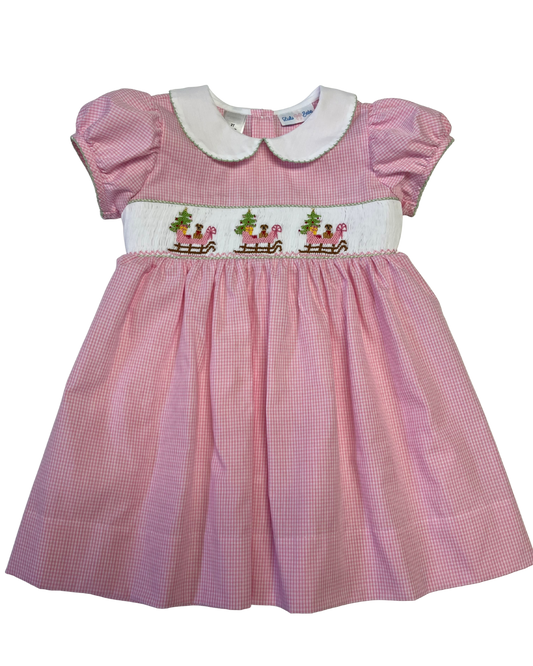 Girl's Santa's Sleigh Smocked Collared Dress
