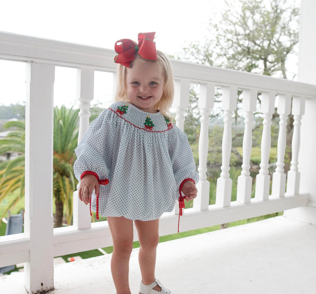 Girls Green Bitty Dot Smocked Christmas Trees Bubble