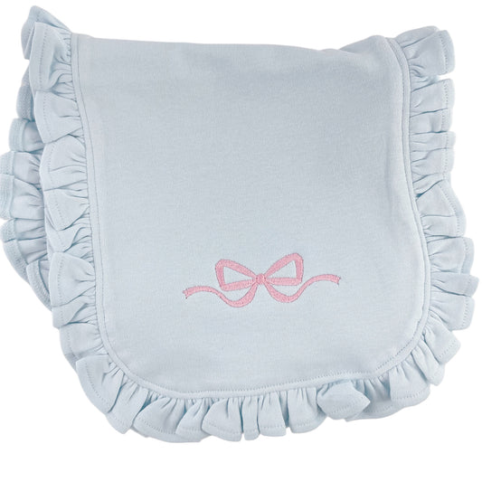 Bow Embroidery- Baby Blue Ruffle Burp Cloth