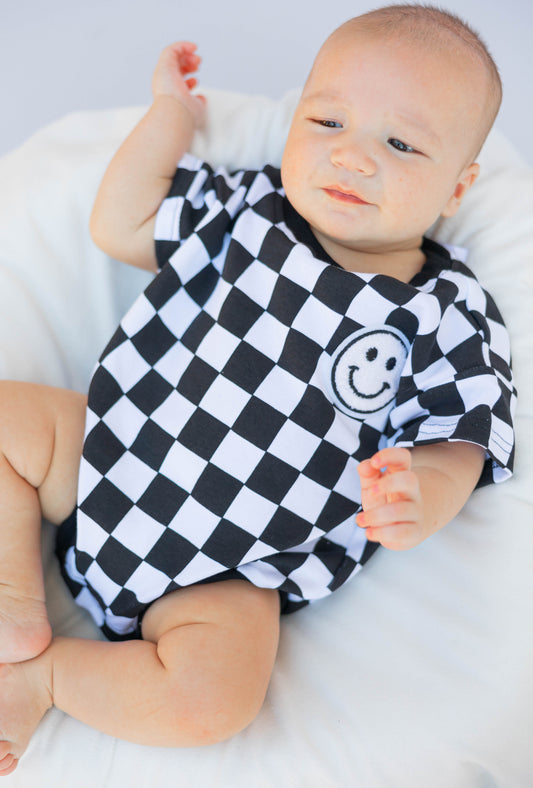 Black Smiley Checkered Bubble Romper