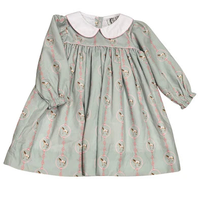 Girls Green Horse Long Sleeve Collar Dress