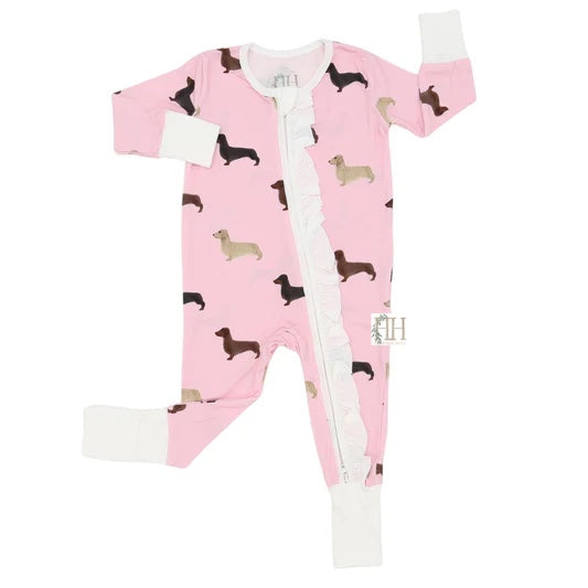 Girls Dachshund Ruffle Double Zipper Romper