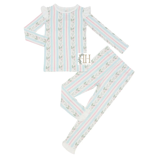 Girls Blue Floral Stripes Loungewear Set