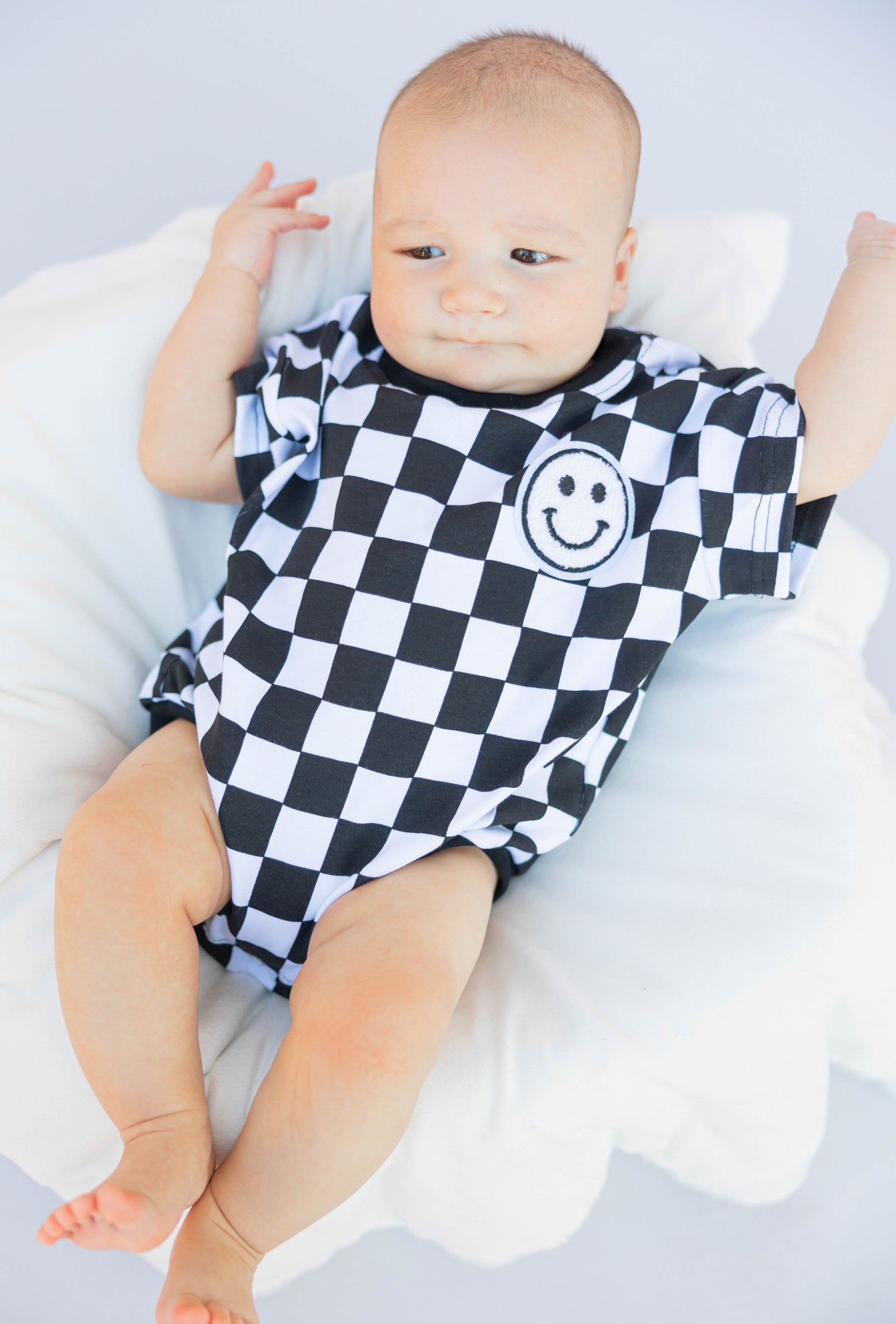 Black Smiley Checkered Bubble Romper