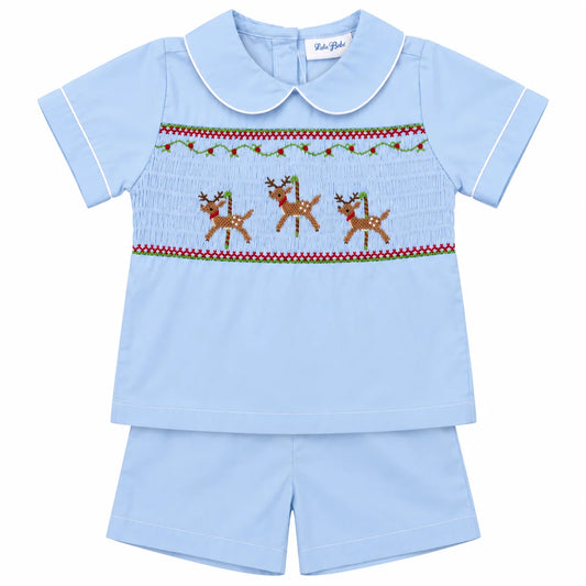 Blue Reindeer Embroidered Short Set