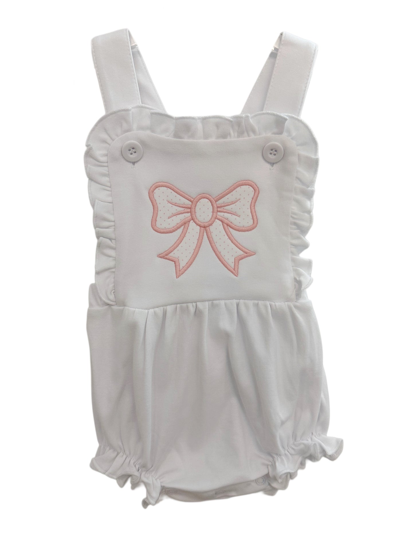 Pink Bitty Dot Bow on White Ruffle Sunsuit