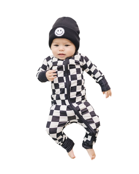 Bamboo Zip Romper | Black Checkered