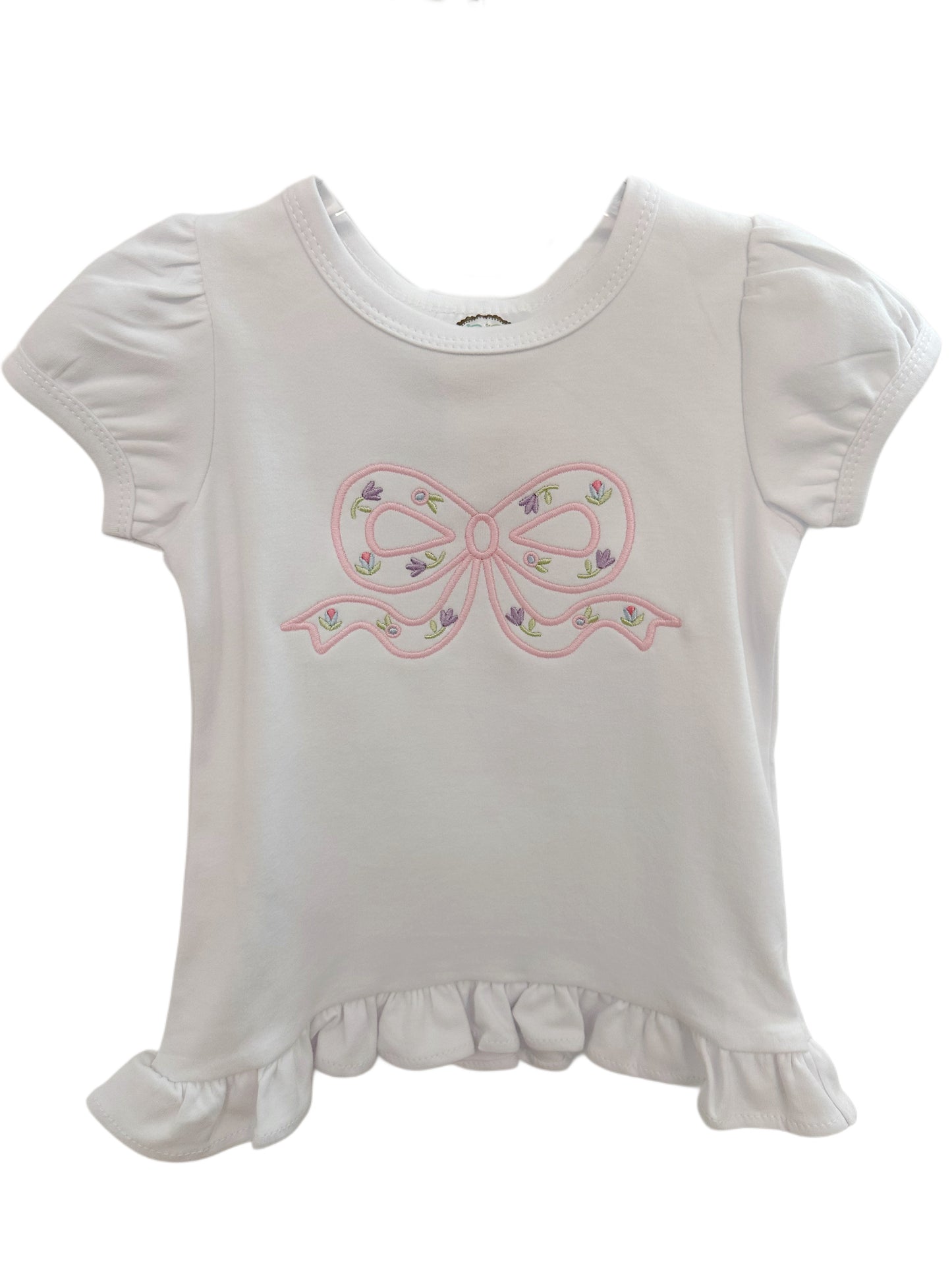 Floral Bow Embroidery Short Sleeve Ruffle Tee