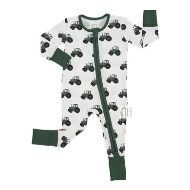Boys Green Tractor Double Zipper Romper