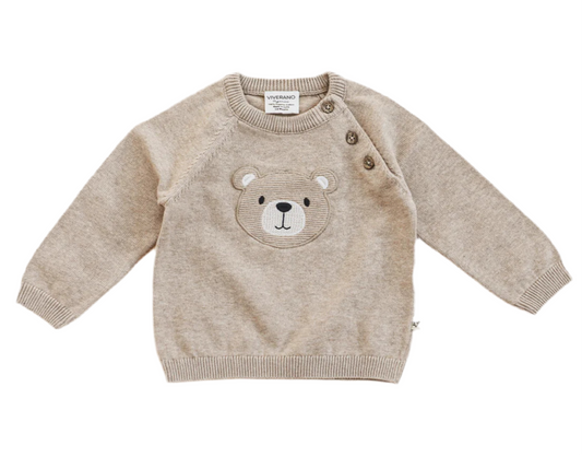 Teddy Bear Applique Raglan Baby Pullover Sweater (Organic Cotton)