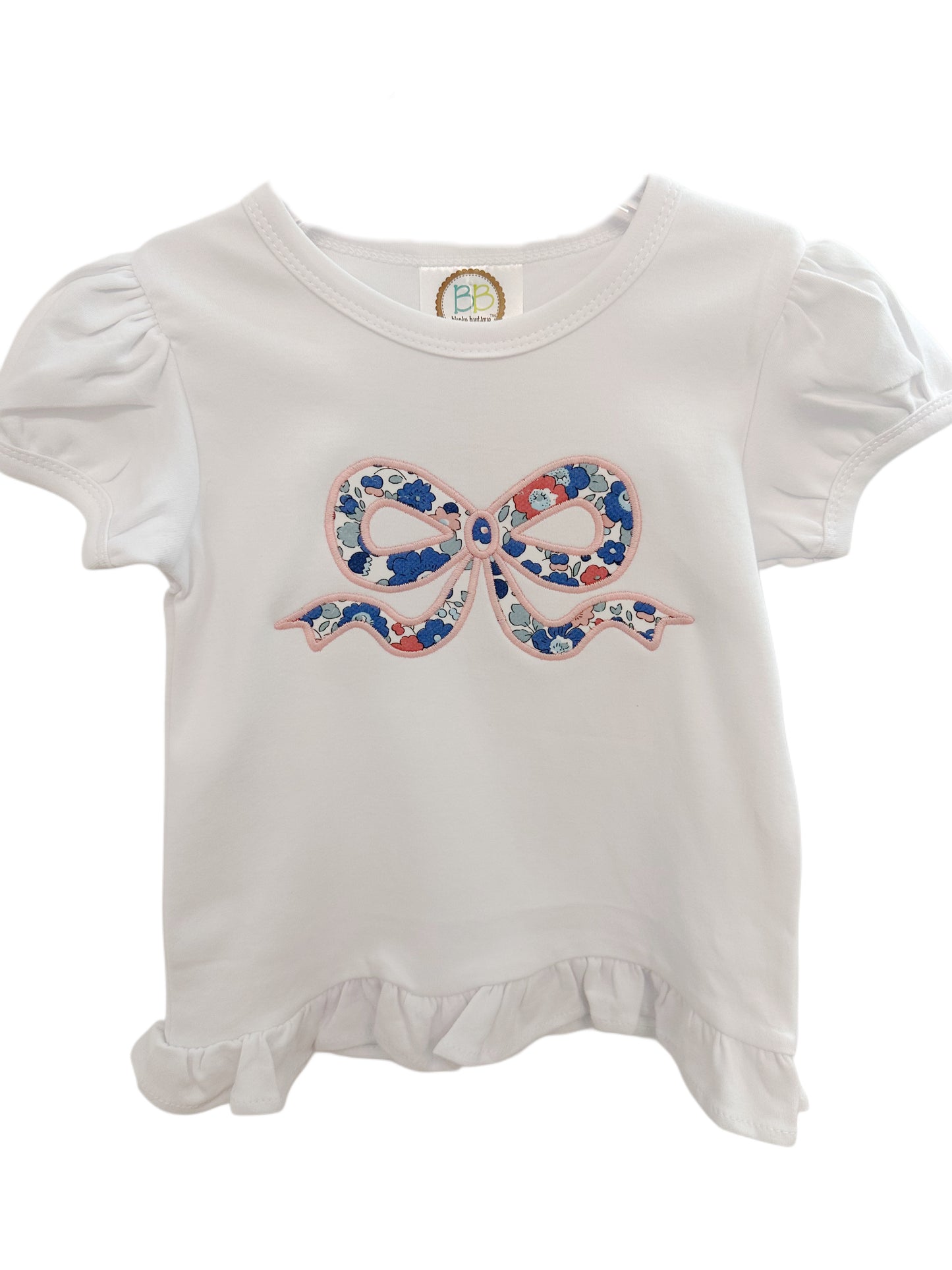 Liberty Floral Applique Bow Short Sleeve Ruffle Tee