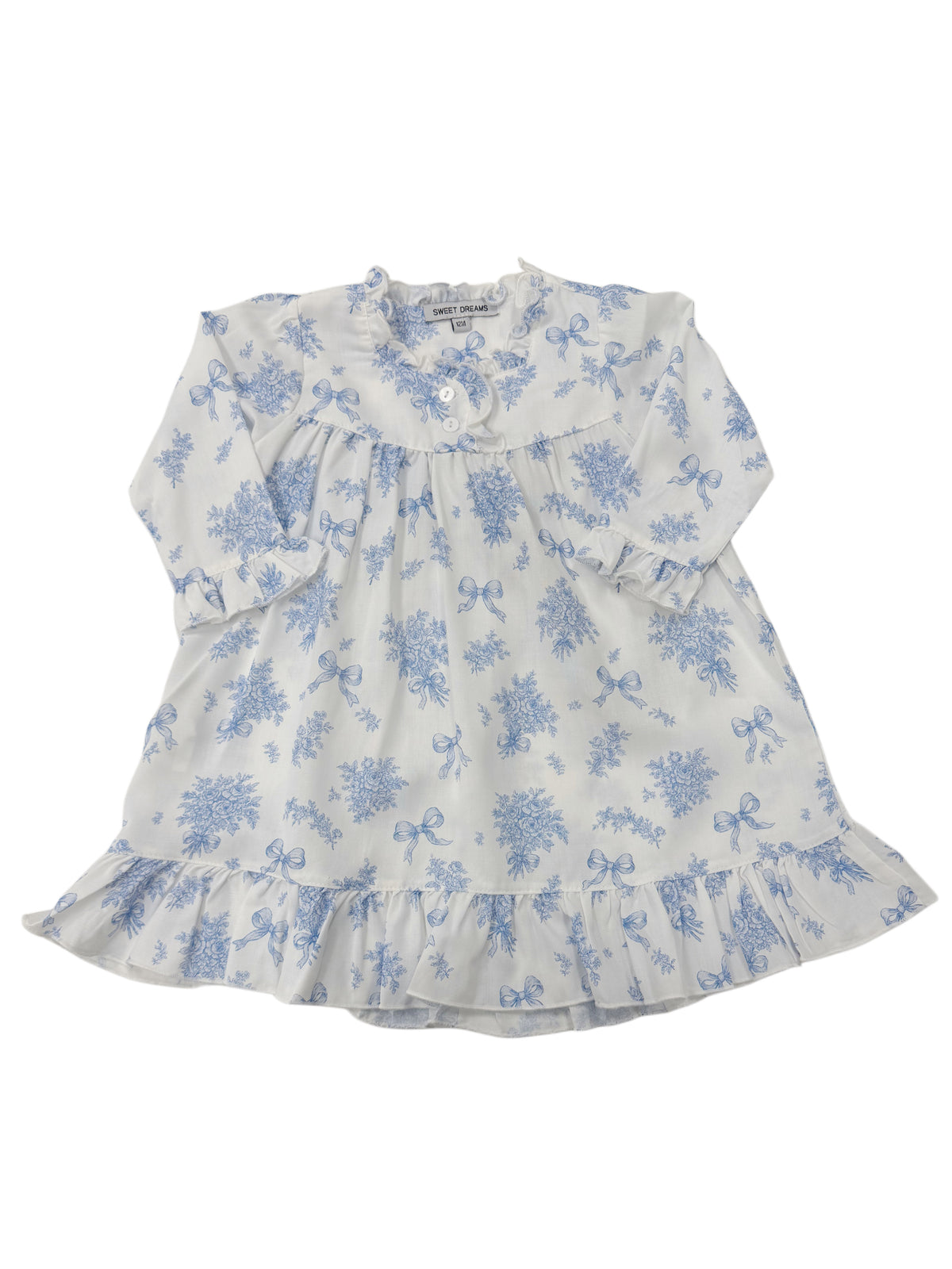 Evie Blue Floral & Bow Print White Gown
