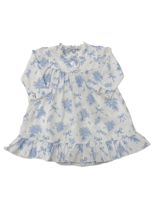 Evie Blue Floral & Bow Print White Gown