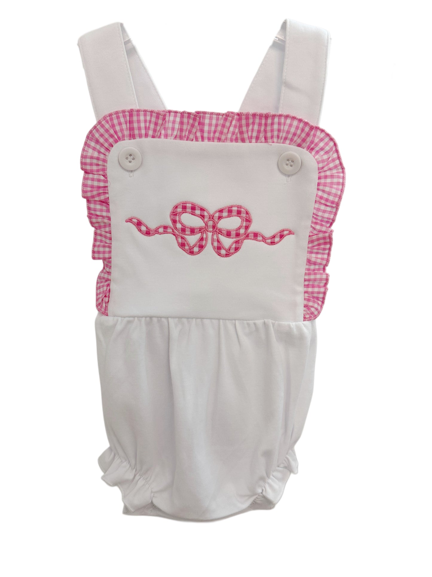 Pink Seersucker Bow on Pink Seersucker Trim Ruffle Sunsuit