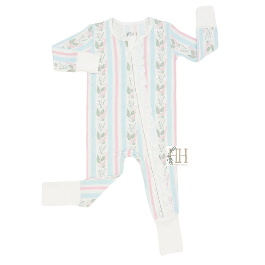 Girls Blue Floral Stripes Ruffle Double Zipper Romper