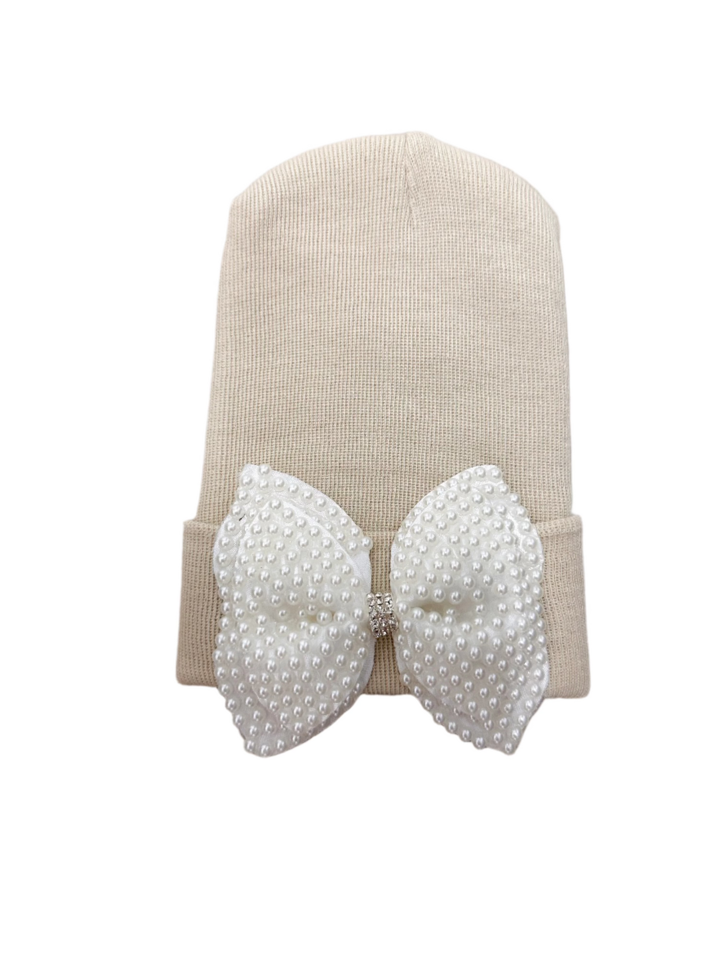 Beige Pearl Bow Beanie