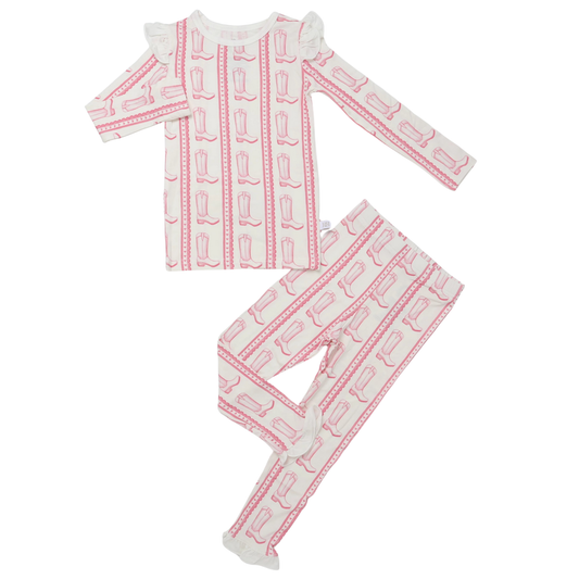 Girls Pink Heart Boot Ruffle Loungewear Set