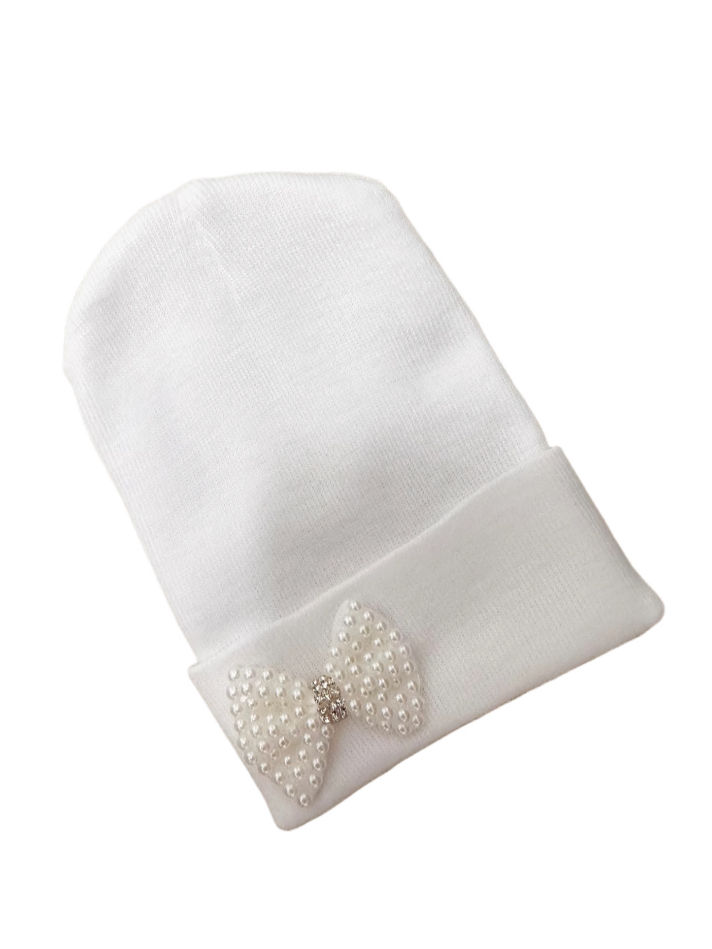 White Mini Pearl Bow Beanie