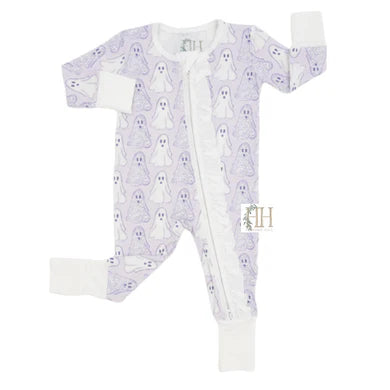 Girls Purple Floral Ghosts Double Zipper Romper