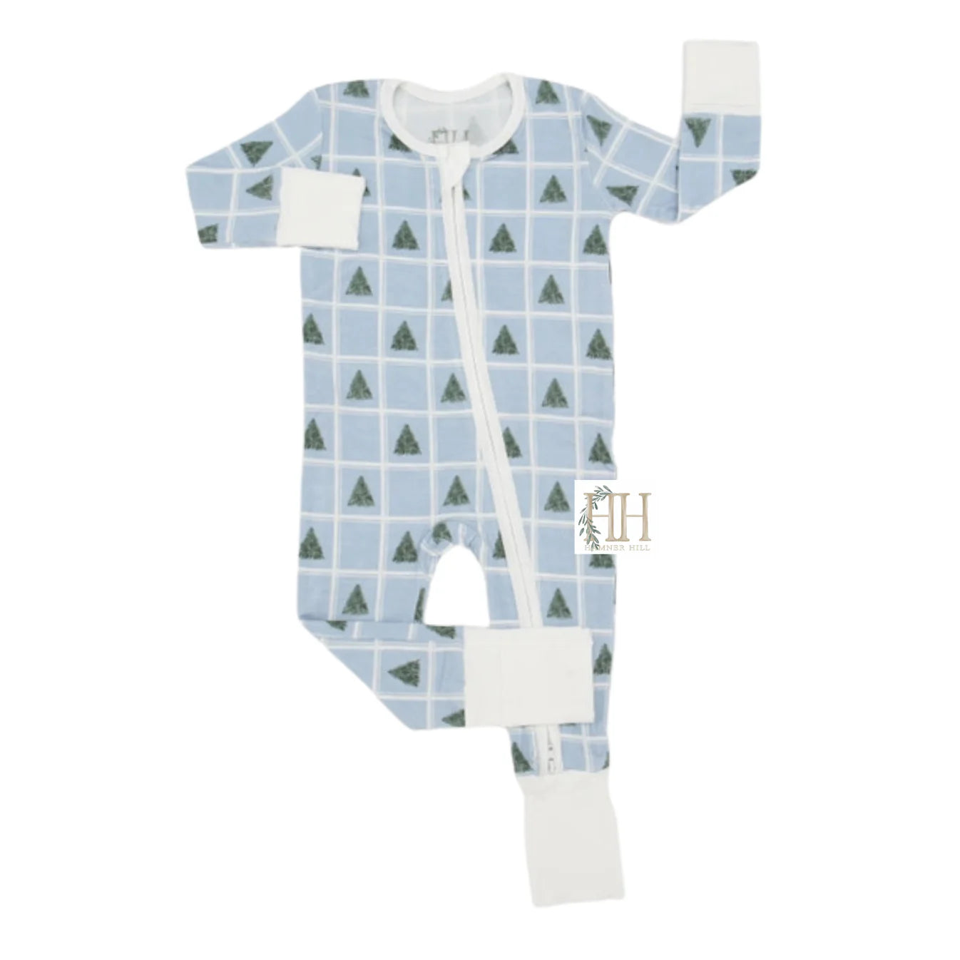 Blue Check Tree Double Zipper Romper