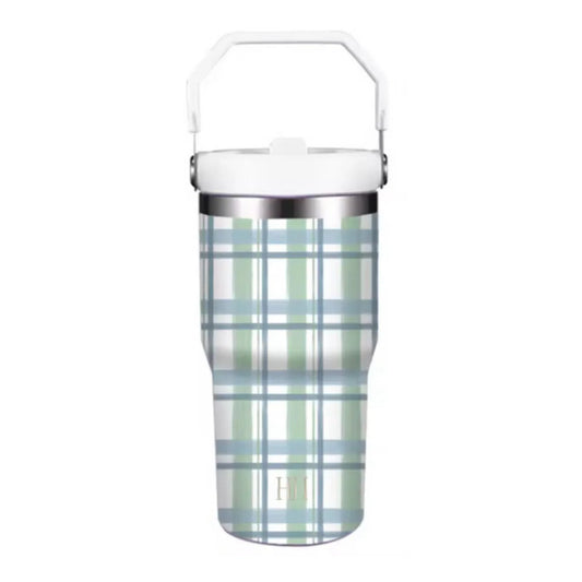 Blue and Green Check Straw Cup|20 oz.