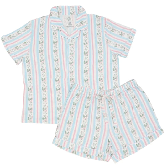 Womens Blue Floral Stripes Button Down Shorts Loungewear Set