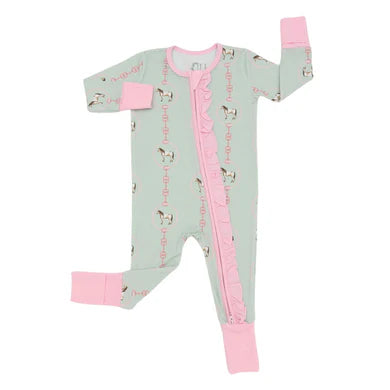 Green Horse Bridle Ruffle Double Zipper Romper