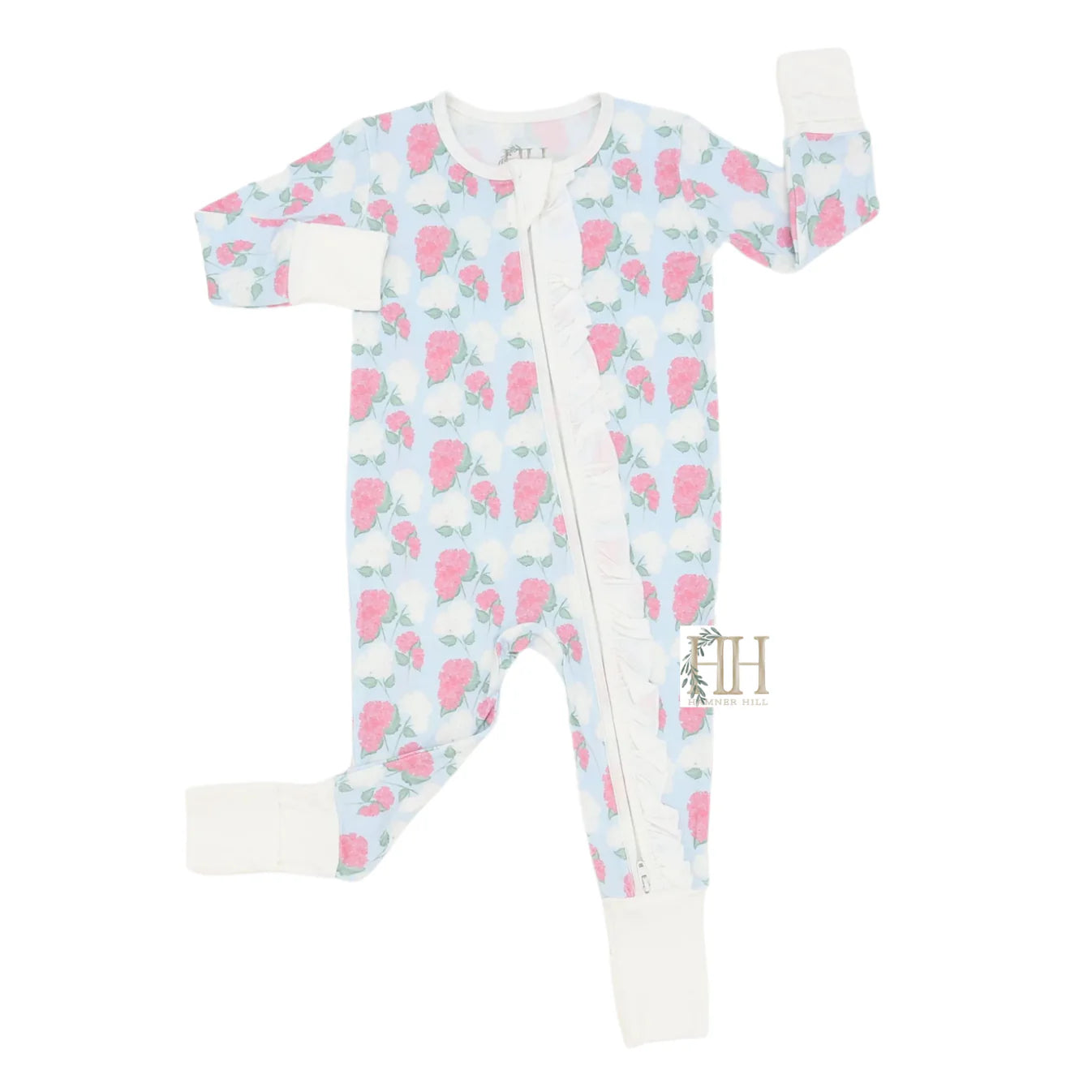 Girls Pink Hydrangea Ruffle Double Zipper Romper