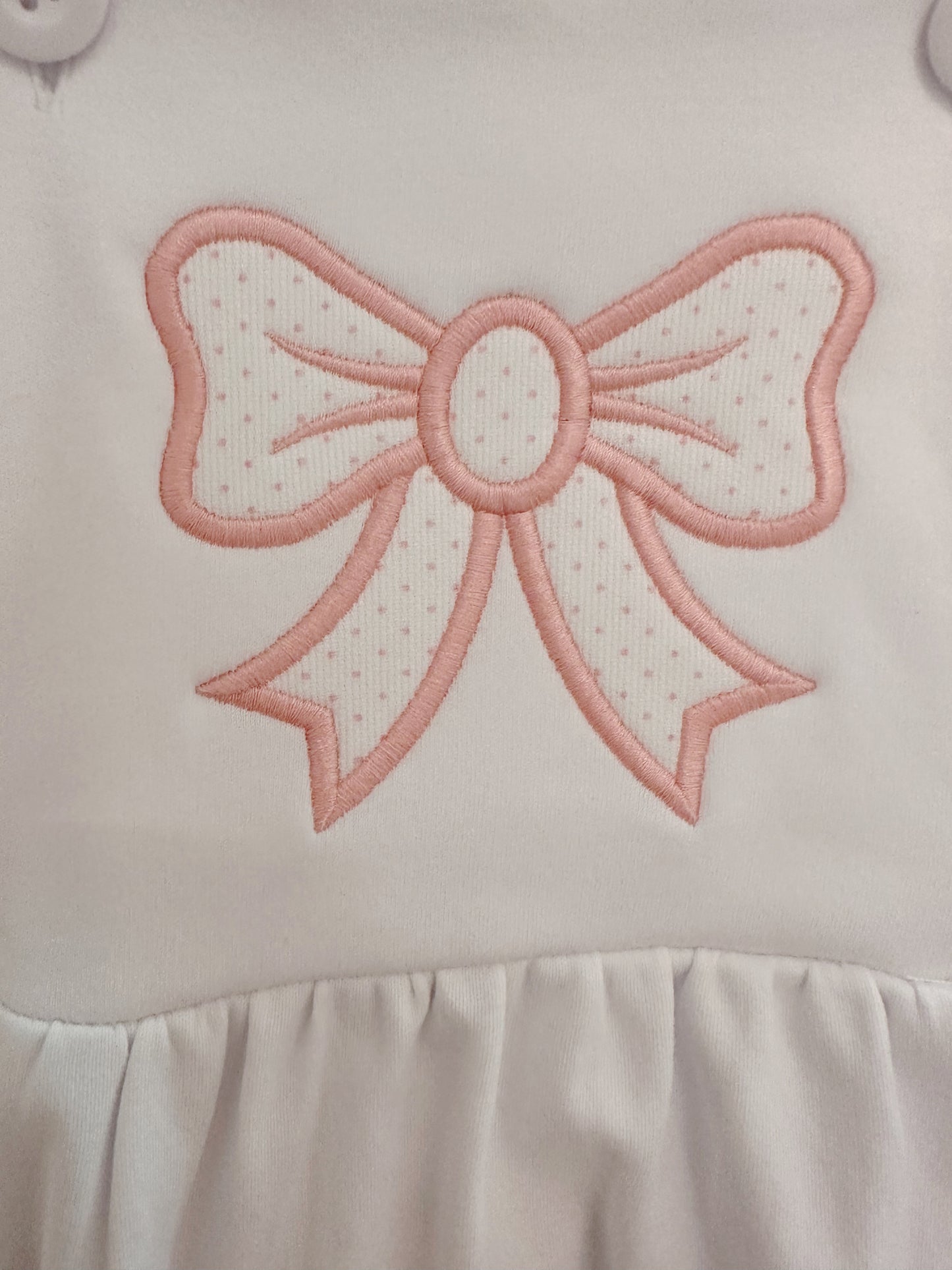 Pink Bitty Dot Bow on White Ruffle Sunsuit