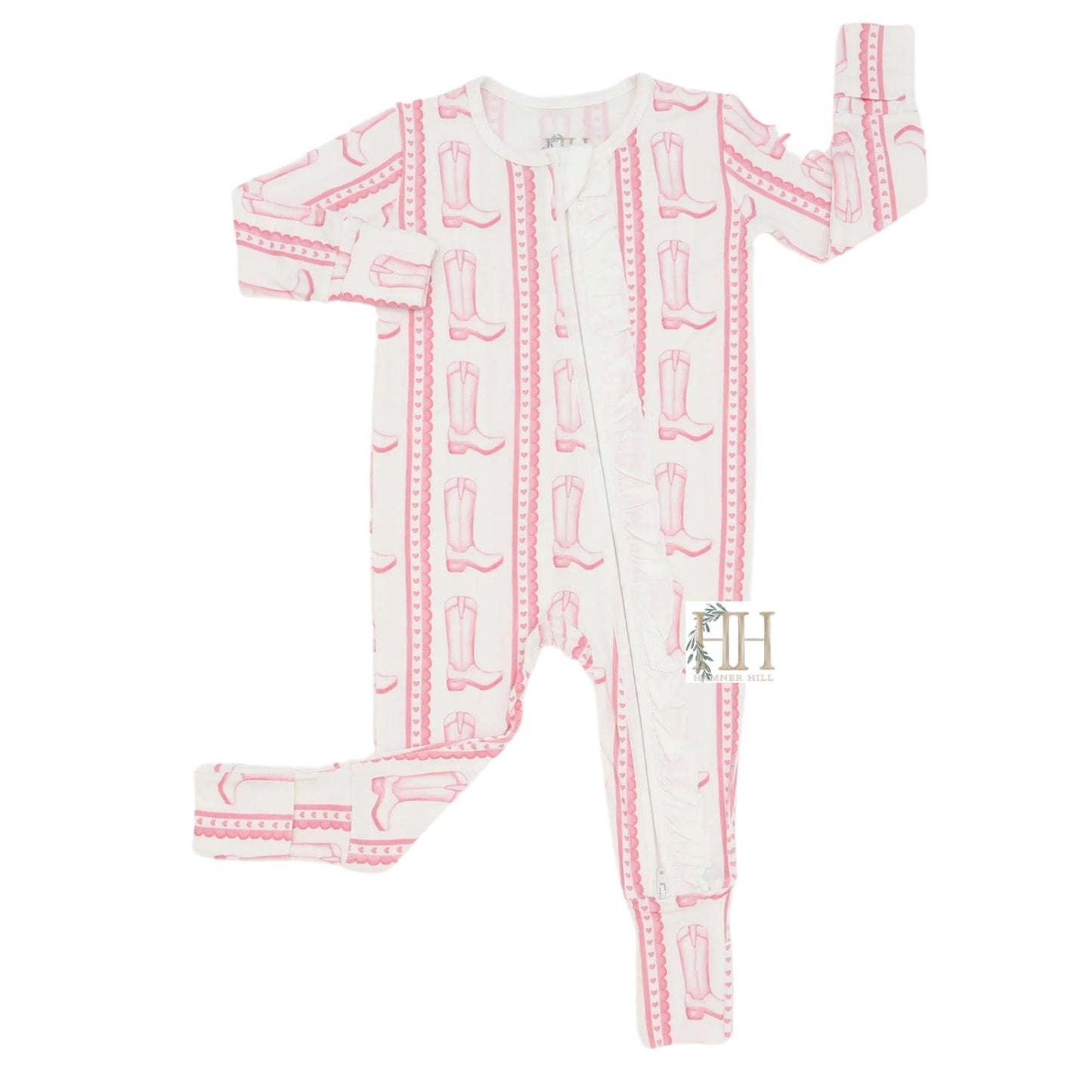Girls Pink Heart Boot Ruffle Double Zipper Romper
