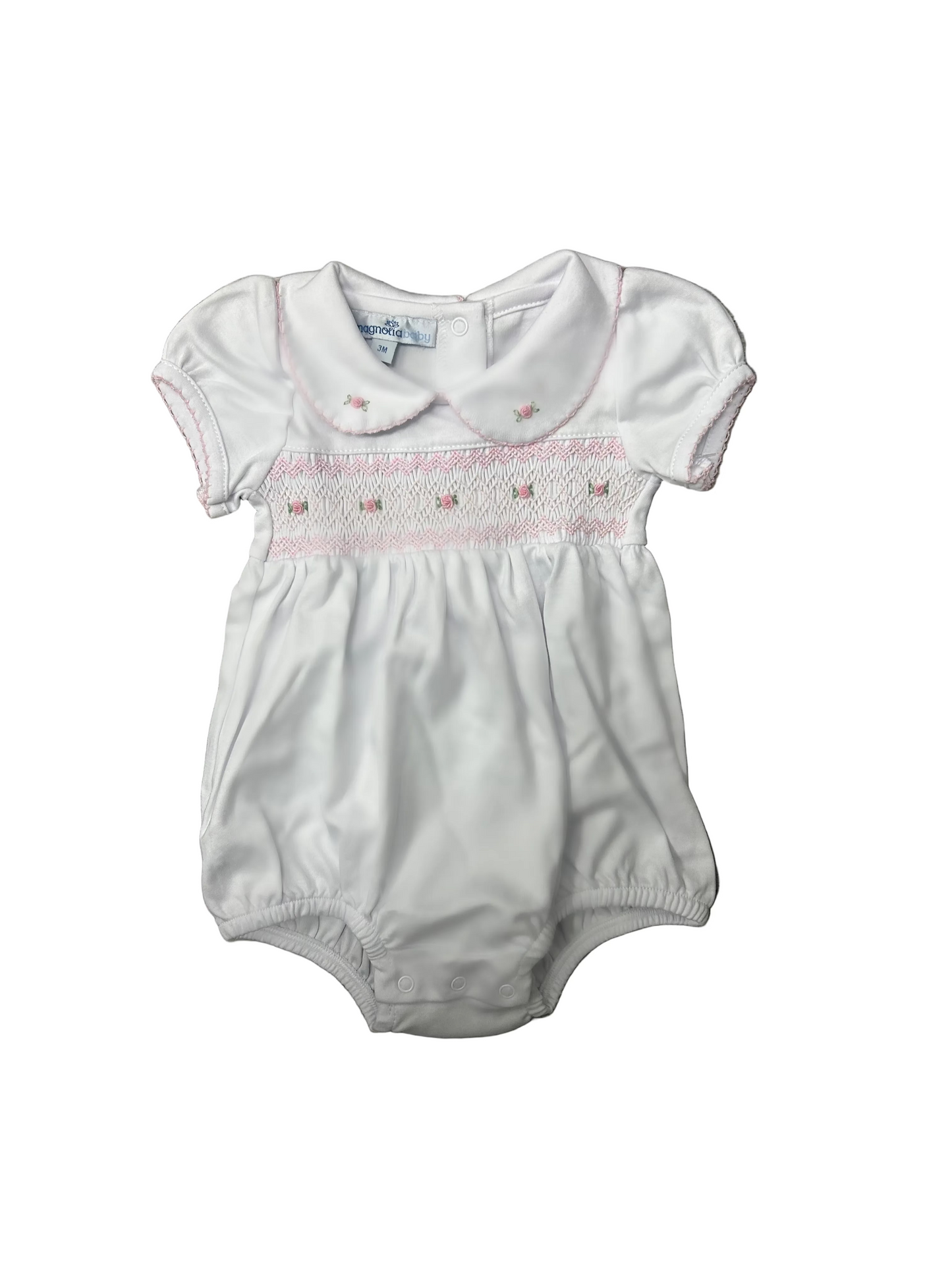 Grace Smocked SS Bubble- White Pink