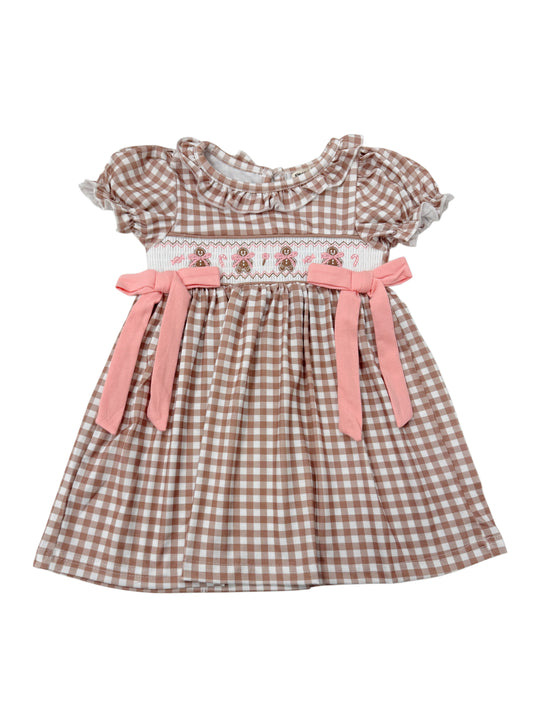 Christmas Vintage-Style Plaid Dress with Embroidered Gingerbread and Bows