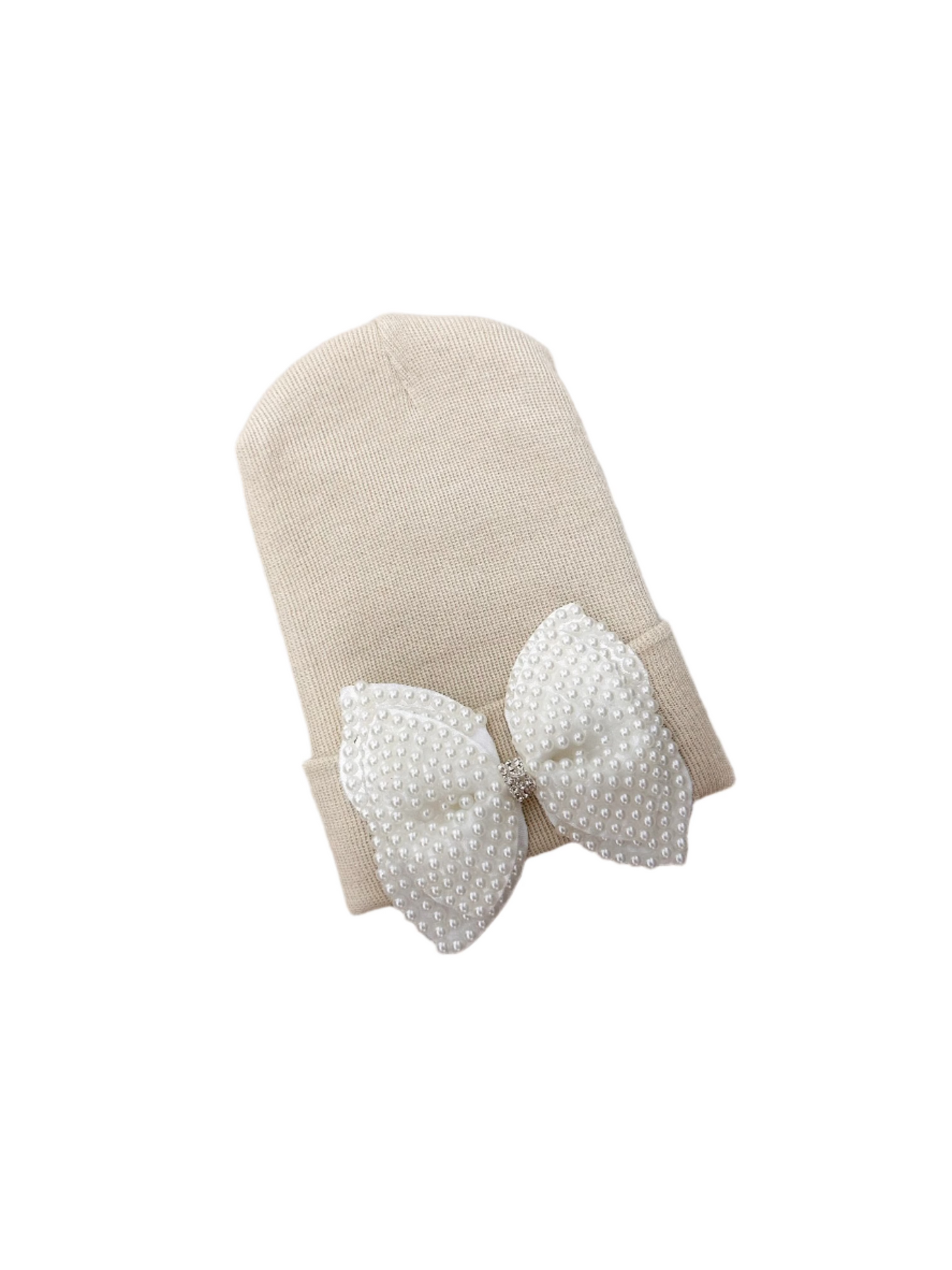 Beige Pearl Bow Beanie