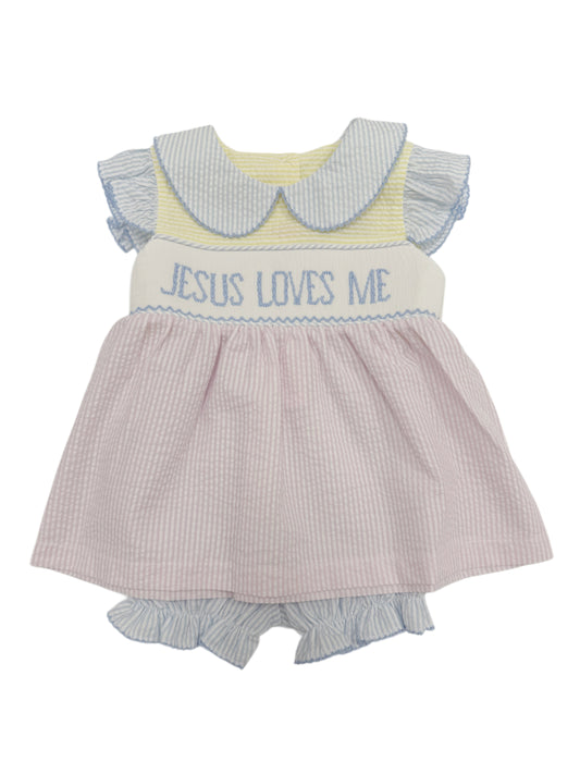 Jesus Loves Me Smocked Bloomer Set
